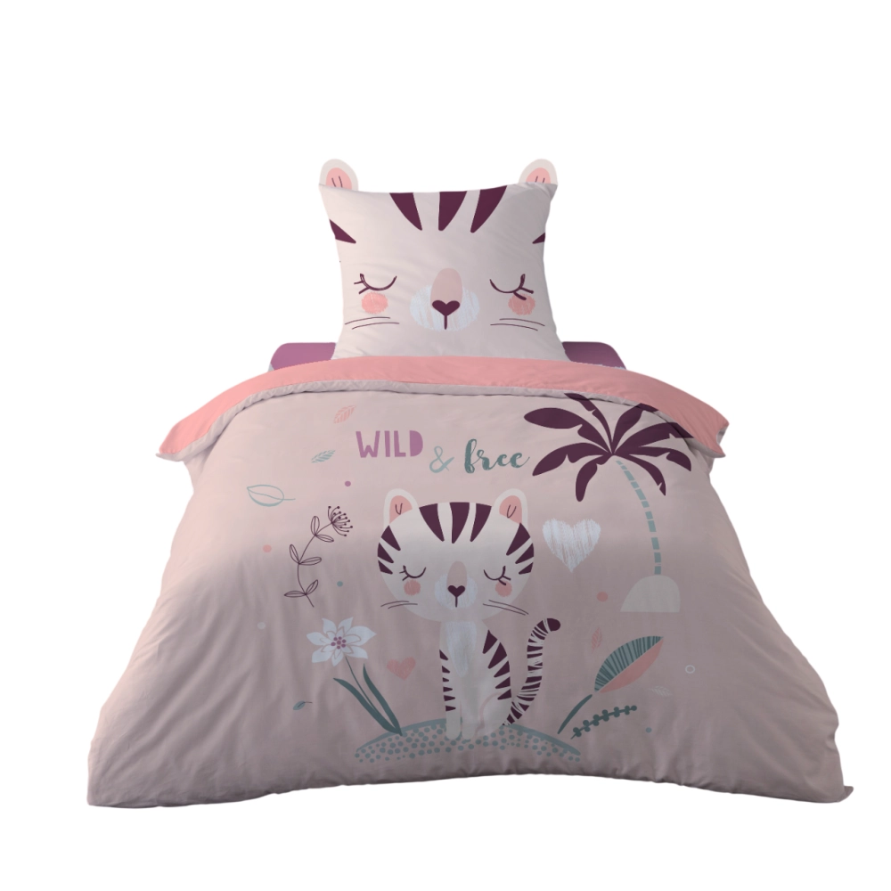 Housse de couette Katie esprit jungle sur fond rose 140x200 cm + taie - 100 % coton 52 fils - Pour lit une place