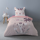 Housse de couette katie rose, esprit jungle sur fond rose, motif chat, sur lit visuel d'ambiance 140x200cm +1taies