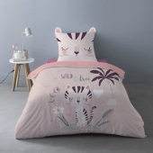 Housse de couette Katie esprit jungle sur fond rose 140x200 cm + taie - 100 % coton 52 fils - Pour lit une place