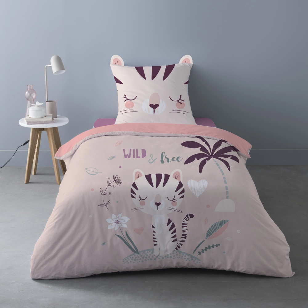 Housse de couette Katie esprit jungle sur fond rose 140x200 cm + taie - 100 % coton 52 fils - Pour lit une place