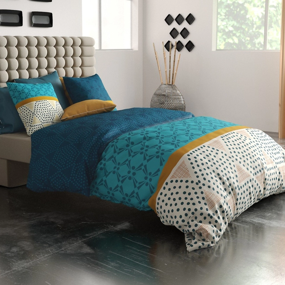 Parure de lit 220x20 cm ODA 100% coton 57 fils - Housse de couette graphique bleue et moutarde + 2 taies - Finition boutons