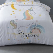 Housse de couette Magic motif licorne sur fond blanc 140x200 cm + taie 63x63cm- 100 % coton 52 fils - Pour lit une place