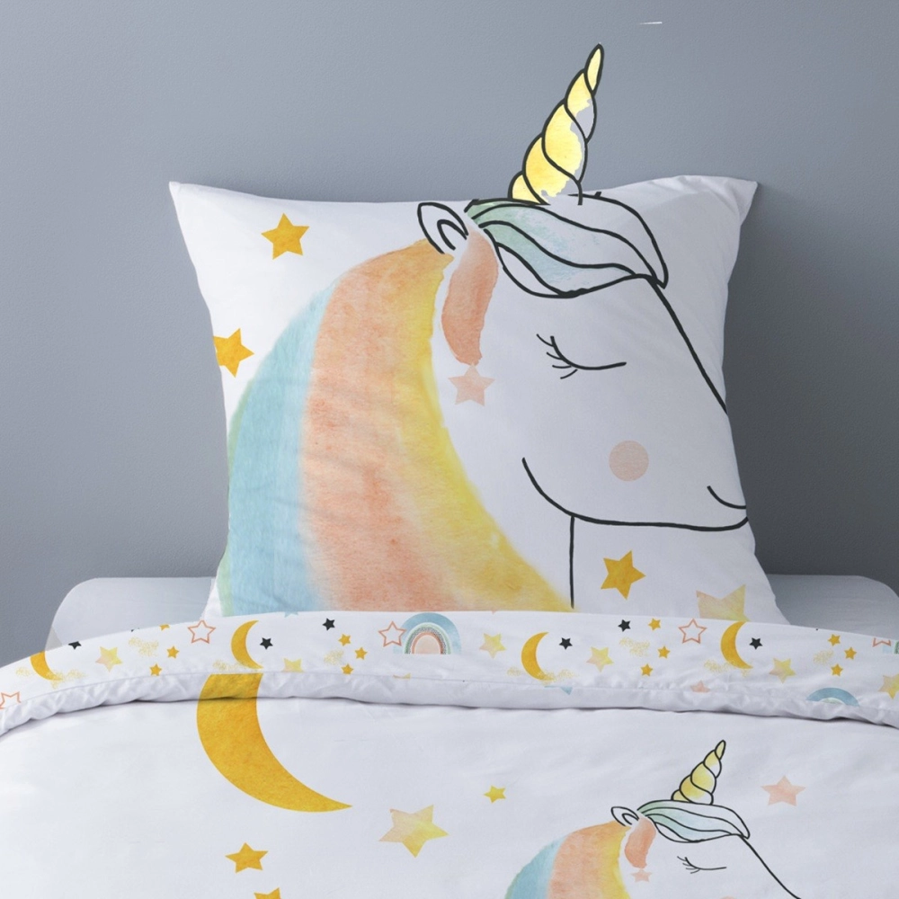 Housse de couette Magic motif licorne sur fond blanc 140x200 cm + taie 63x63cm- 100 % coton 52 fils - Pour lit une place