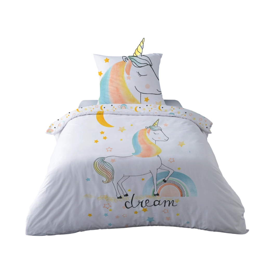 Housse de couette Magic motif licorne sur fond blanc 140x200 cm + taie 63x63cm- 100 % coton 52 fils - Pour lit une place