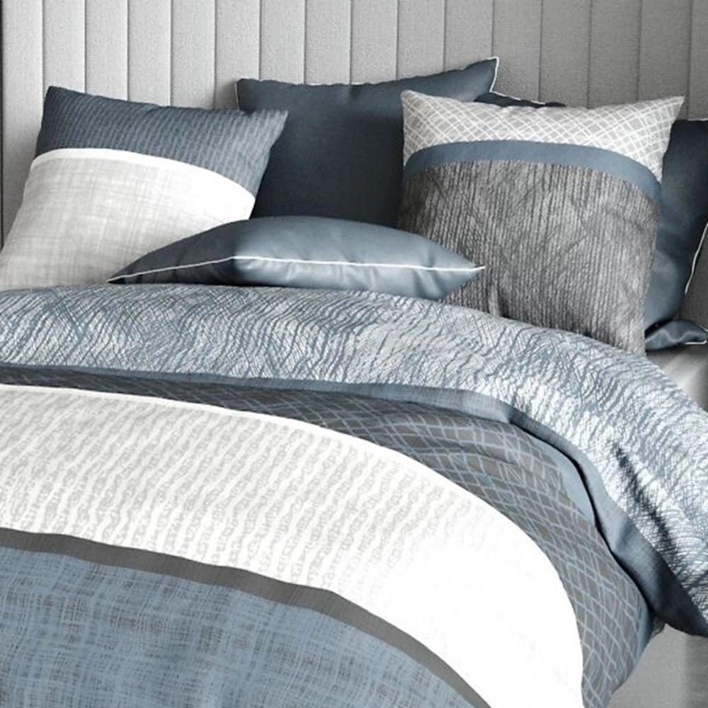 Housse de couette 220x240 cm Bréhat 100% Coton 57 fils - Parure de lit lignes grises et bleues avec 2 taies d'oreiller carrées