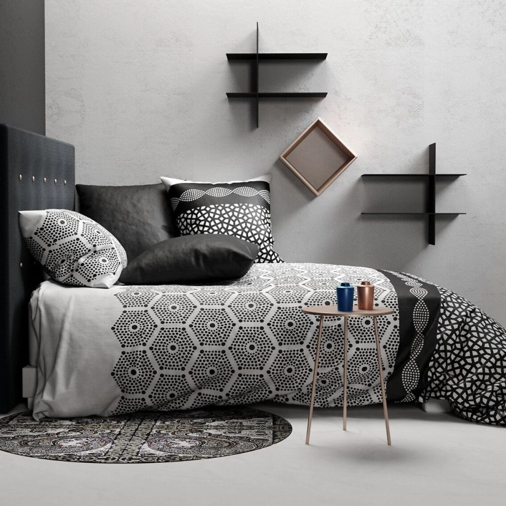 Housse de couette 260x240 Pavage 100% Coton 57 fils - Parure de lit motifs graphiques noirs et blancs avec taies 63x63 cm