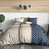 Housse de couette 260x240 NAIROBI + 2 taies carrées - Parure de lit 100% coton style ethnique bleue et sable - Finition boutons