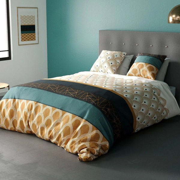 Housse de couette Banguii 240x220 cm   + taies - 100 % Coton 57 fils. Motifs géométriques bleu et moutarde certifiée OEKO-TEX.
