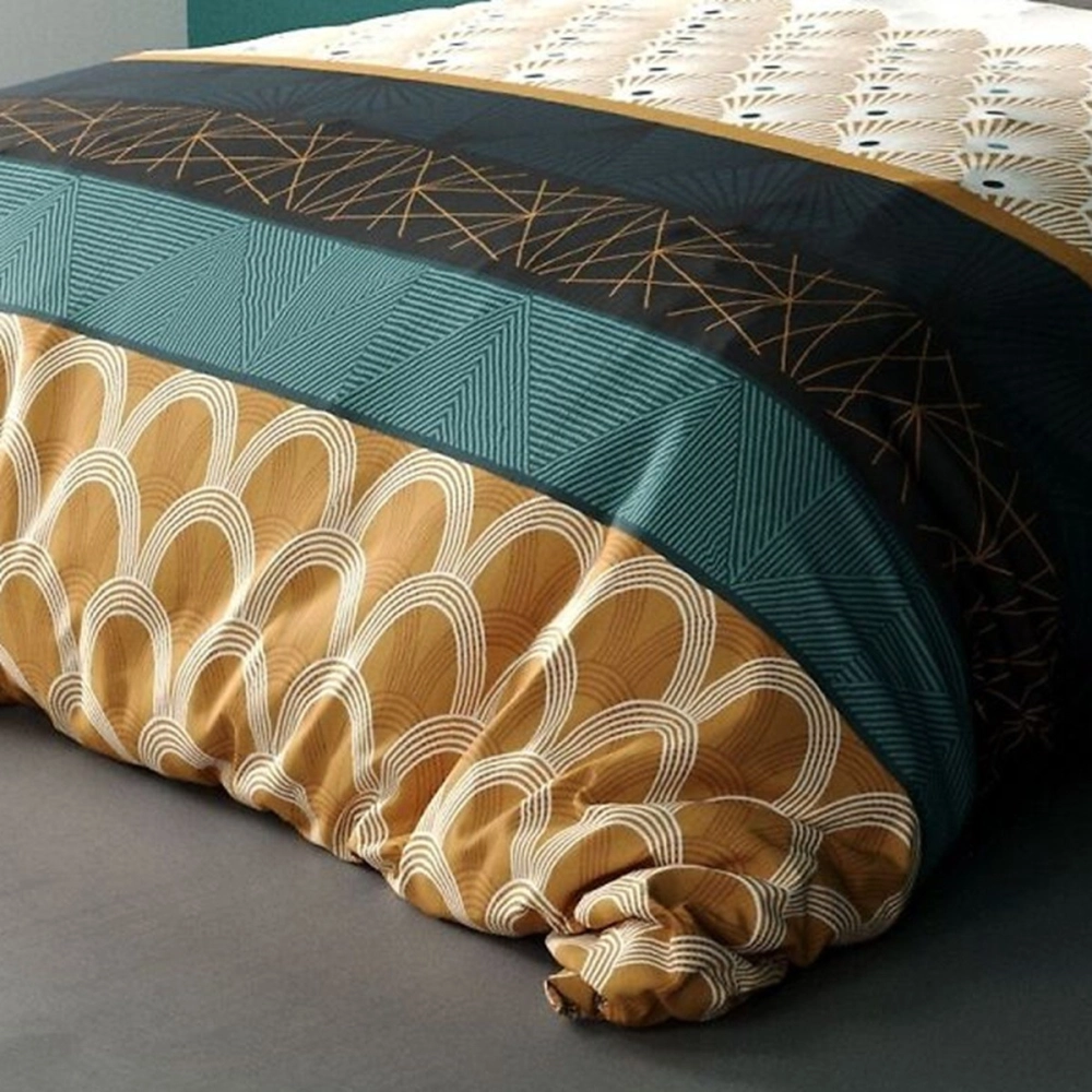 Housse de Couette 220x240 cm BANGUII + 2 taies 100% coton 57 fils - Parure de lit patterns géométriques moutardes et bleus