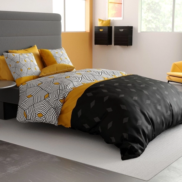 Housse de couette Faro 240x220 cm motif géométrique jaune moutarde et noir en coton 57 fils certifié OEKO-TEX.