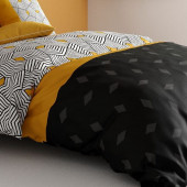 Détails de la housse de couette Faro 240x220 cm. Motif géométrique jaune moutarde, noir et blanc.