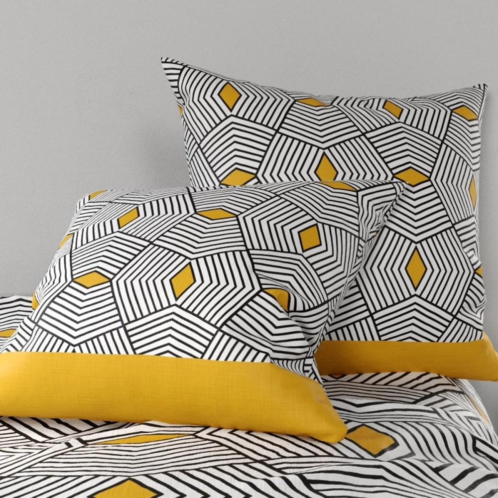 Housse de couette 260x240 cm FARO - Motifs géométriques jaunes et noir - Coton 57 fils OEKO-TEX - Finition boutons + 2 taies