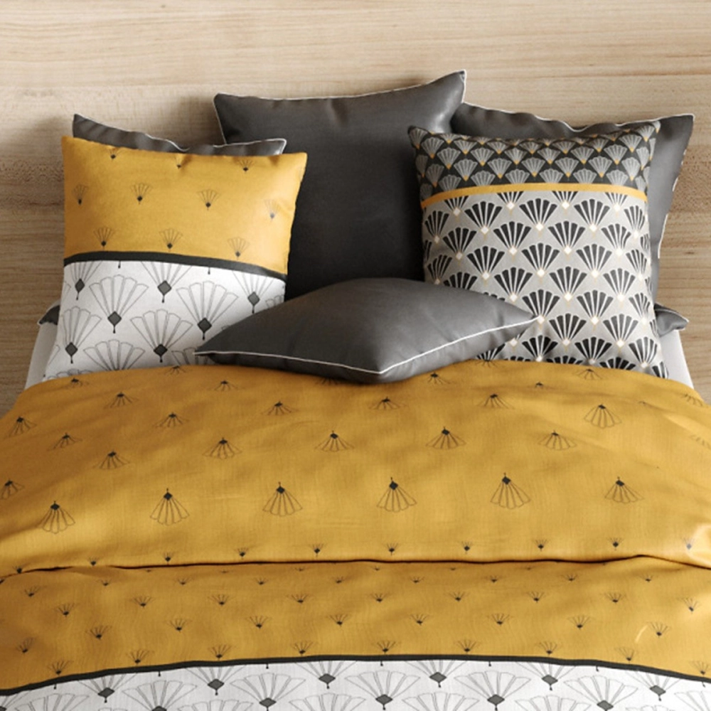 Housse de couette 220x240 cm LÉO + taies - Design Art Déco jaune moutarde et gris -100% coton - Finition boutons - Oeko-Tex