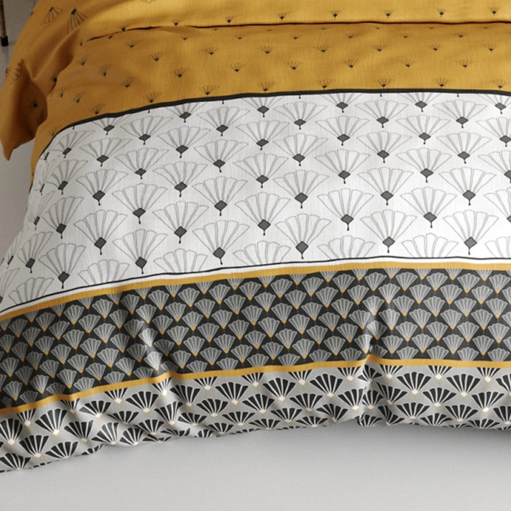 Housse de couette 220x240 cm LÉO + taies - Design Art Déco jaune moutarde et gris -100% coton - Finition boutons - Oeko-Tex