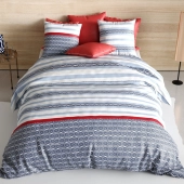 Housse de Couette 220x240 cm SANTORINI + taies 100% coton 57 fils - Style maritime bleu marine et bordeaux - Oeko-Tex