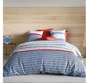 Housse de Couette 220x240 cm SANTORINI + taies 100% coton 57 fils - Style maritime bleu marine et bordeaux - Oeko-Tex