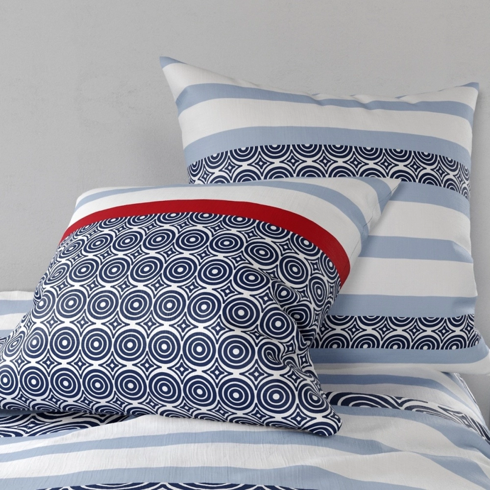 Housse de couette 260x240 cm SANTORINI 100% coton 57 fils + taies - Parure bleue et rouge esprit bord de mer - Finition boutons