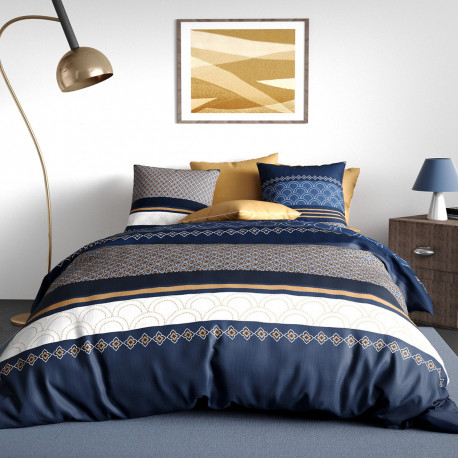 Parure de lit Kalypso 260x240 cm motif géométrique bleu marine et ocre en coton 57 fils certifié OEKO-TEX