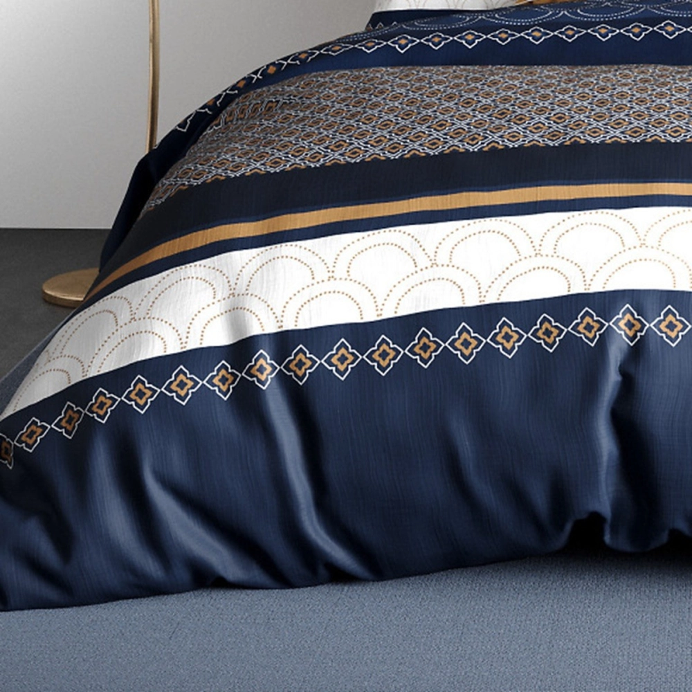 Housse de couette 260x240 cm KALYPSO 100% coton 57 fils - Parure de lit lignes graphiques bleues et ocres + 2 taies d'oreiller