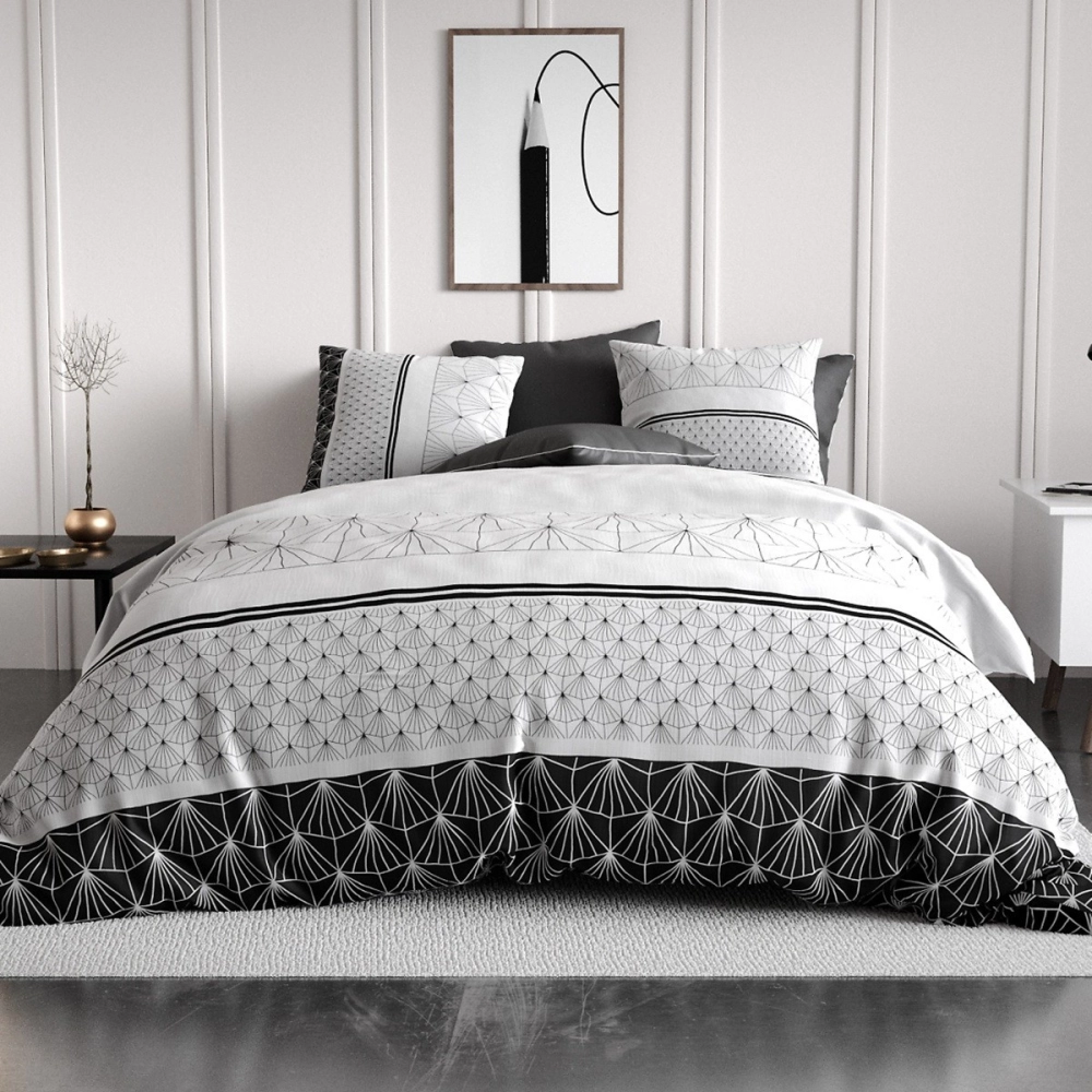 Housse de couette 220x240 cm CASTA 100% coton 57 fils - Parure de lit minimaliste noir et blanc + 2 taies - Oeko-Tex