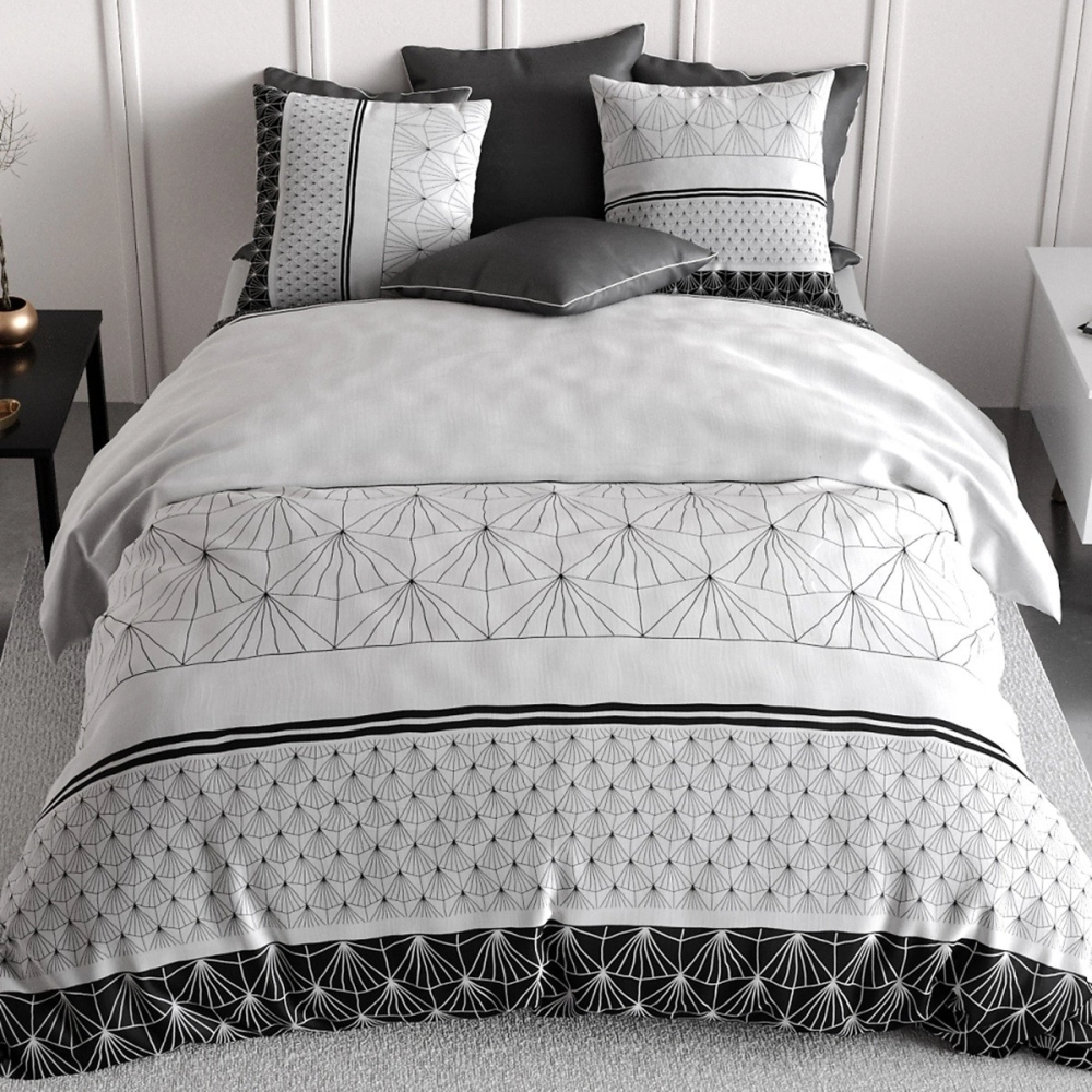 Housse de couette 220x240 cm CASTA 100% coton 57 fils - Parure de lit minimaliste noir et blanc + 2 taies - Oeko-Tex