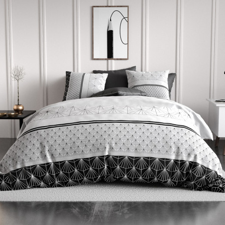 Housse de couette Casta 260x240 cm motifs géométriques noirs et blancs en pur coton 57 fils certifié OEKO-TEX.