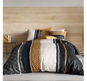 Housse de couette Trophé 240x220 cm aux motifs géométriques noir, gris et doré ocre en coton 57 fils.