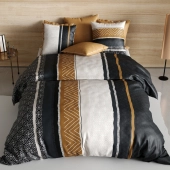 Housse de couette 220x240 cm TROPHÉ + 2 taies 100% coton 57 fils - Parure de lit style ethnique noir, blanc et or - Oeko-Tex