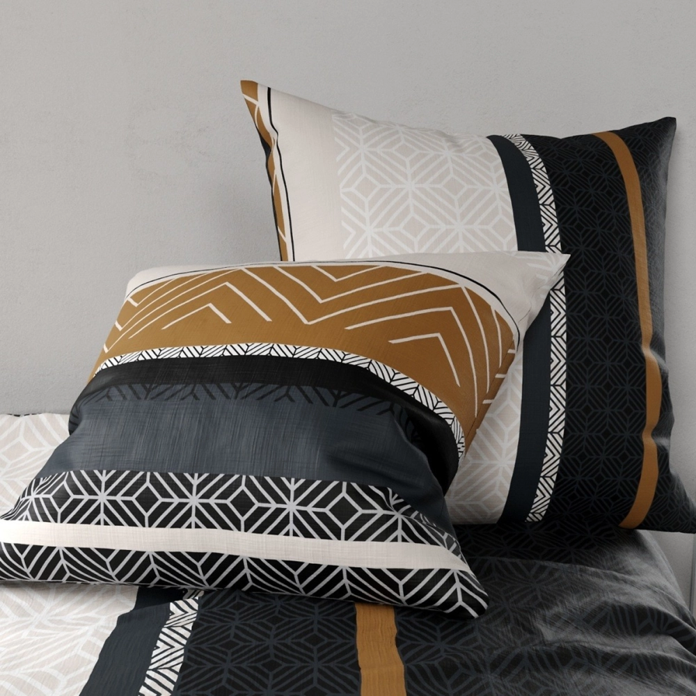 Housse de couette 220x240 cm TROPHÉ + 2 taies 100% coton 57 fils - Parure de lit style ethnique noir, blanc et or - Oeko-Tex
