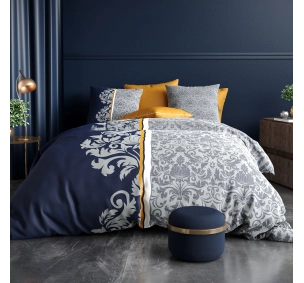 Housse de couette Arabesque 260x240 cm bleu marine, gris perle et safran. Motifs baroques orientaux, 100% coton.