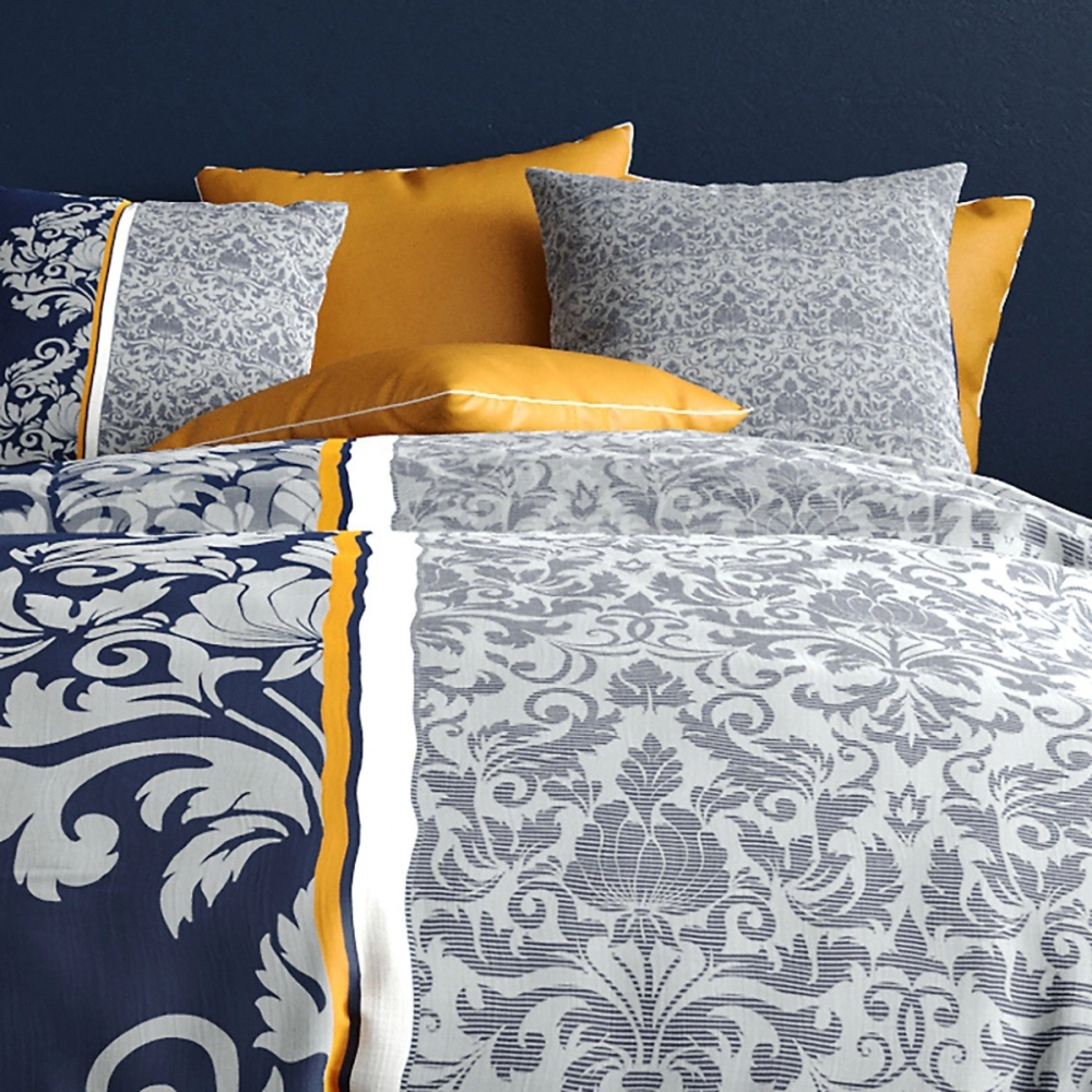 Housse de couette 260x240 cm ARABESQUE - Parure de lit Orientale bleu marine et safran 100% coton 57 fils + 2 taies