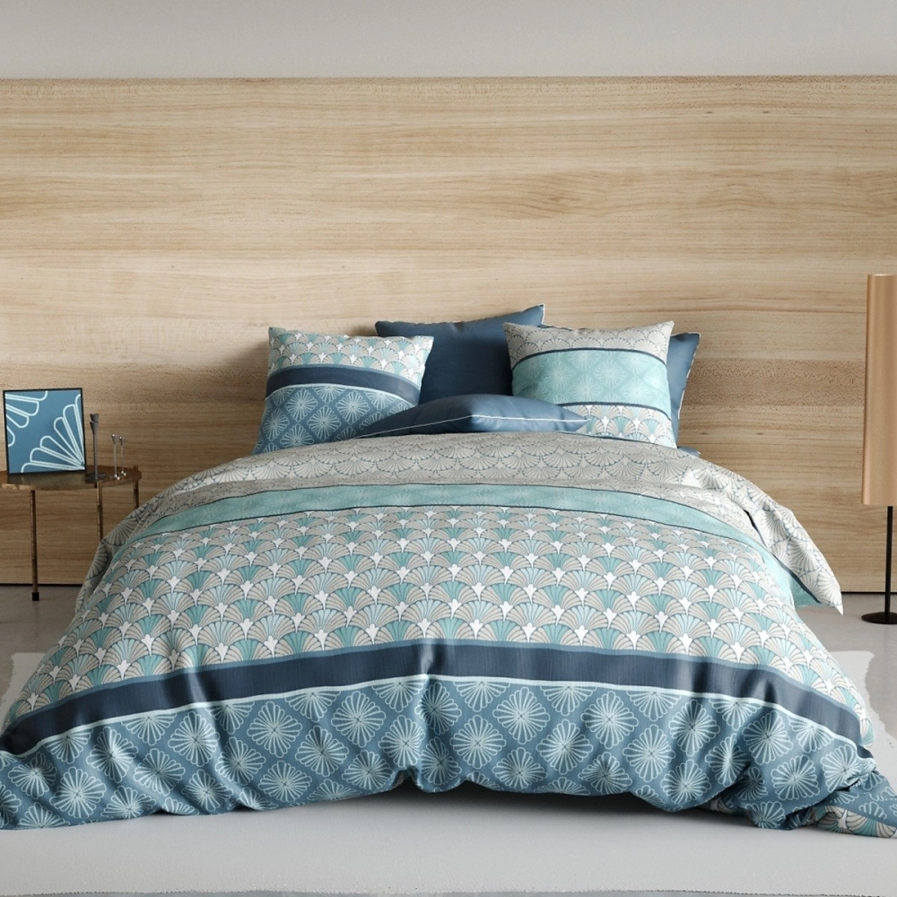 Housse de couette 220x240 cm ZIRCON en pur coton 57 fils - Parure de lit Art Déco nuances de bleus + 2 taies - Finition boutons