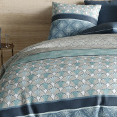 Housse de couette Zircon 240x220 cm avec motifs éventails Art Déco bleu canard et turquoise en coton 57 fils.