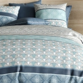 Housse de couette 260x240 cm Zircon - Éventails Art Déco bleus et gris coton 57 fils + 2 taies - Finition boutons - Oeko-Tex