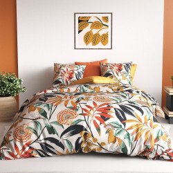 Housse de couette 260x240 cm Ninon - Motifs orangés Jungle et oiseaux exotiques - 100% coton 57 fil + 2 taies - Oeko-Tex