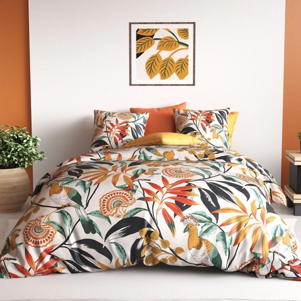 Housse de couette 260x240 cm Ninon - Motifs orangés Jungle et oiseaux exotiques - 100% coton 57 fil + 2 taies - Oeko-Tex