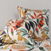 Housse de couette 260x240 cm Ninon - Motifs orangés Jungle et oiseaux exotiques - 100% coton 57 fil + 2 taies - Oeko-Tex