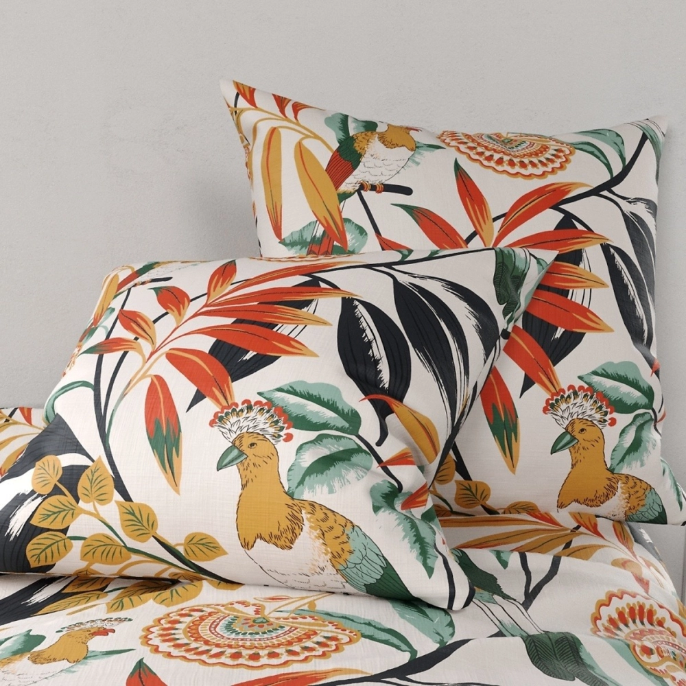 Housse de couette 260x240 cm Ninon - Motifs orangés Jungle et oiseaux exotiques - 100% coton 57 fil + 2 taies - Oeko-Tex