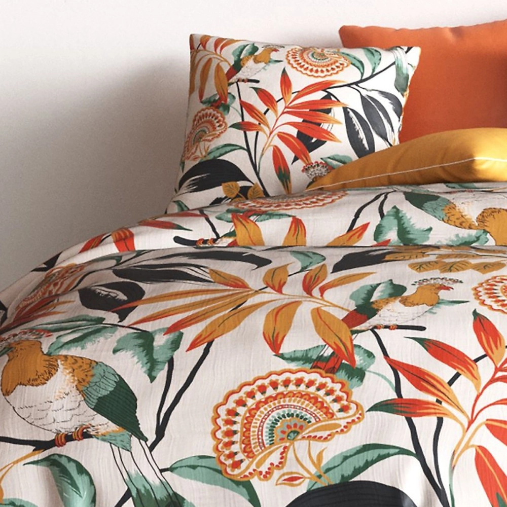 Housse de couette 260x240 cm Ninon - Motifs orangés Jungle et oiseaux exotiques - 100% coton 57 fil + 2 taies - Oeko-Tex
