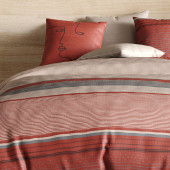 Housse de couette HANA 100% coton percale 71 fils + 2 taies - Rayures terracotta et sable - Style bohème chic - Oeko-Tex