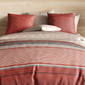 Housse de couette HANA 100% coton percale 71 fils + 2 taies - Rayures terracotta et sable - Style bohème chic - Oeko-Tex