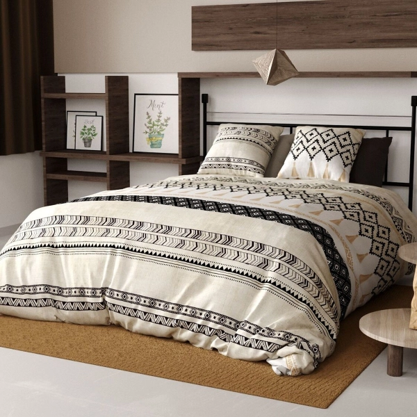 Housse de couette Bohème coton 57 Fils | Style ethnique noir et beige
