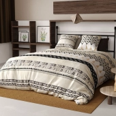 Housse de couette BOHEME avec deux taies d'oreiller pur coton 57 fils/cm² - Style ethnique noir et beige - Finition boutons