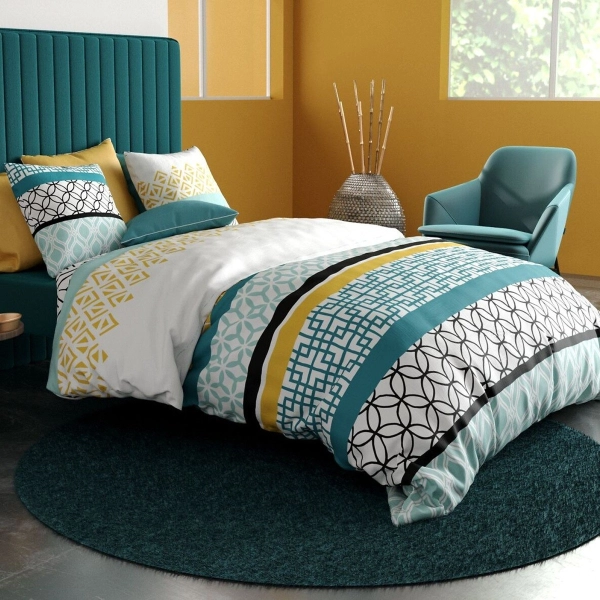 Housse de couette Citedor 240x220 cm motifs géométriques turquoise, noir et or.