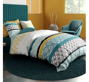 Housse de couette Citedor format 260x240 motifs cercles noirs et losanges turquoises pour grand lit double.