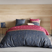 Housse de couette 220x240 Lily avec motifs géométriques fuchsia, violet et sable en pur coton 57 fils.