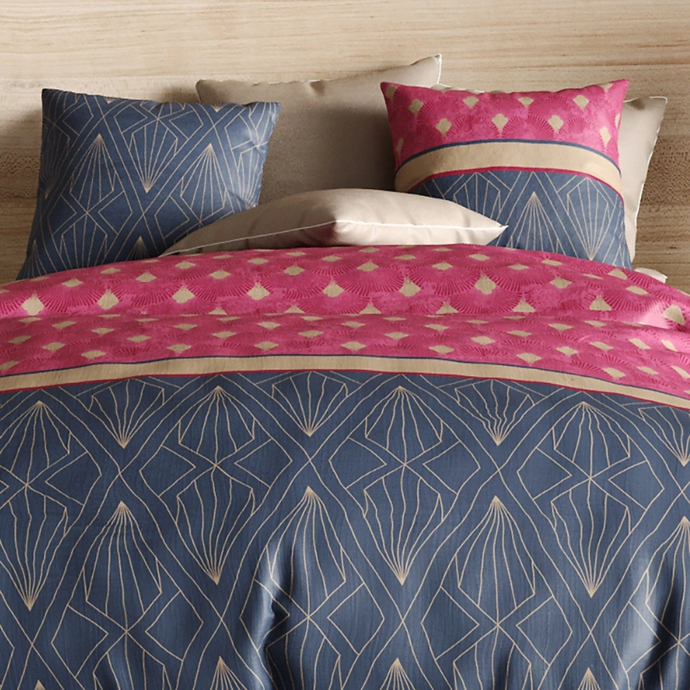 Housse de couette 220x240 cm LILY + 2 taies - Pur coton 57 fils - Dessins géométriques fuchsia, violet et sable - Oeko-Tex