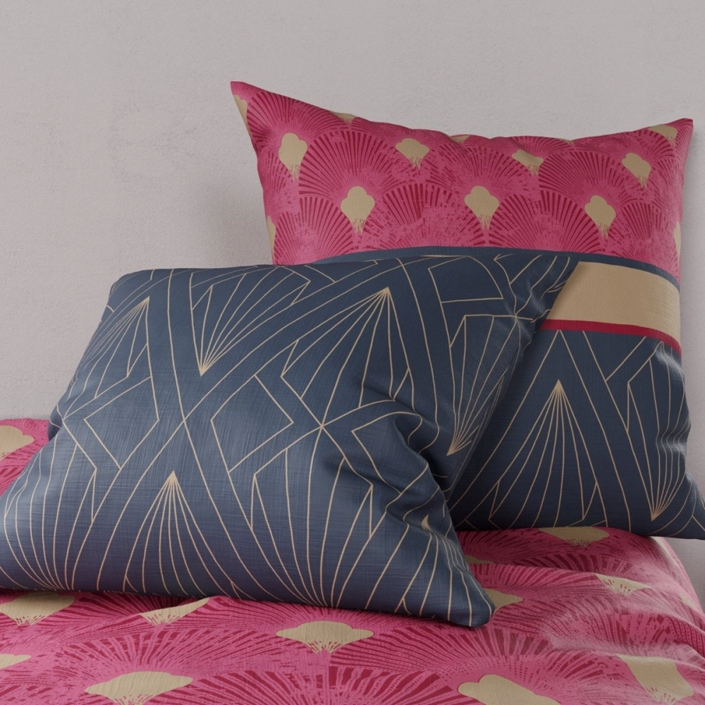 Housse de couette 220x240 cm LILY + 2 taies - Pur coton 57 fils - Dessins géométriques fuchsia, violet et sable - Oeko-Tex