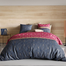 Housse de couette 260x240 cm LILY 100% coton 57 fils - Dessins géométriques violet et fuchsia - 2 taies carrées - Oeko-Tex
