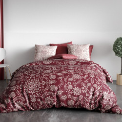Housse de couette 200x200 cm VISHKA + 2 taies - pur coton bio 57 fils - Motifs fleuris sur fond pourpre - Finition boutons